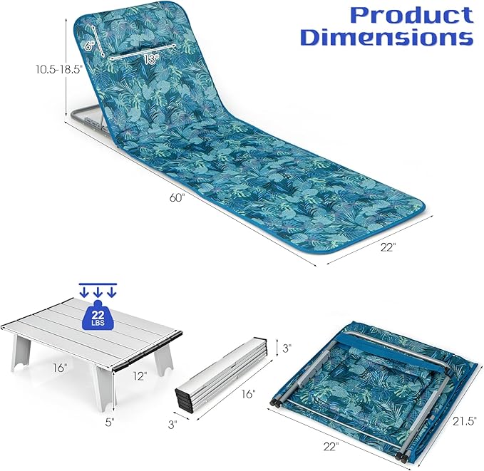 Tangkula 3 Pieces Beach Chairs for Adults, Lightweight Lawn Lounge Chairs with 5 Adjustable Recline Position, Zipper Pocket, Backpack 2 Pack Beach Chairs Set with Folding Side Table (Teal)