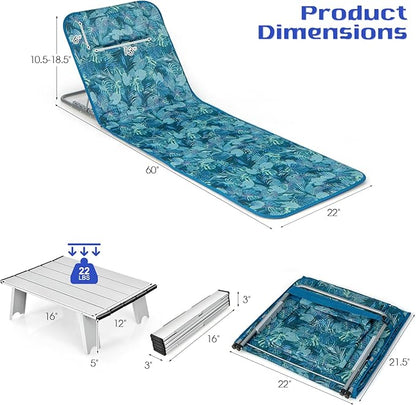 Tangkula 3 Pieces Beach Chairs for Adults, Lightweight Lawn Lounge Chairs with 5 Adjustable Recline Position, Zipper Pocket, Backpack 2 Pack Beach Chairs Set with Folding Side Table (Teal)