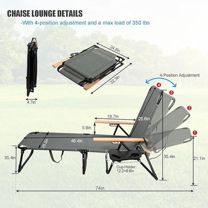 Folding Outdoor Chaise Lounge Chair, Portable Camping Cot with Headrest, 4 Position Beach Lounge with Cup Holders & Wooden Armrests, Sun Tanning Chair for Patio Pool Lawn, Supports 350lbs (Black)