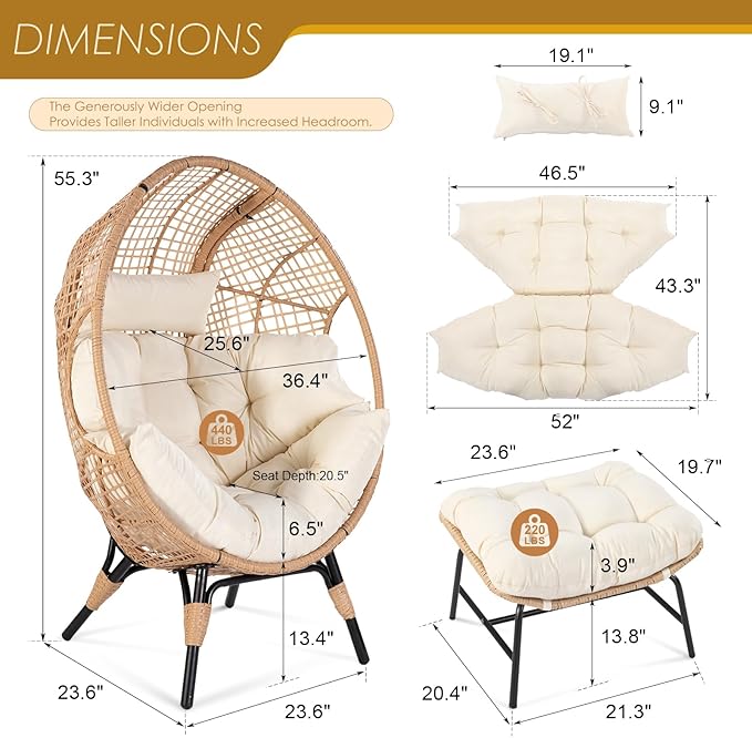 NICESOUL® Indoor Outdoor Egg Chair w/Ottoman, Huge Extra Large Eggshell Papasan Chair w/Cushion - Photo 2
