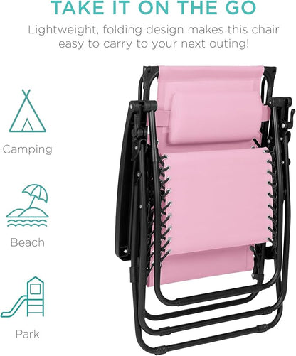 Best Choice Products Folding Zero Gravity Outdoor Recliner Patio Lounge Chair w/Adjustable Canopy Shade, Headrest, Side Accessory Tray, Textilene Mesh - Bubblegum Pink