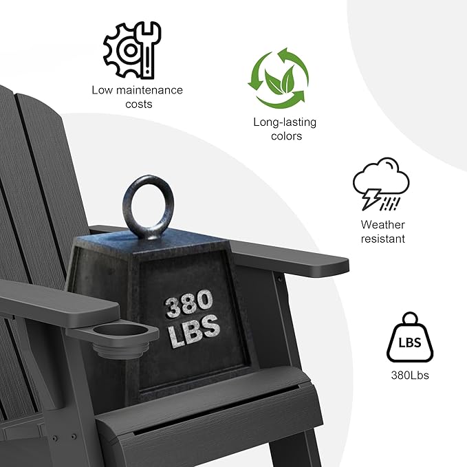 NUNU LAB Oversized Adirondack Chair Weather Resistant with Cup Holder, Black Outdoor Patio Chair, HDPE Adirondack Chairs for Patio, Law, Garden, Camping - Easy Installation