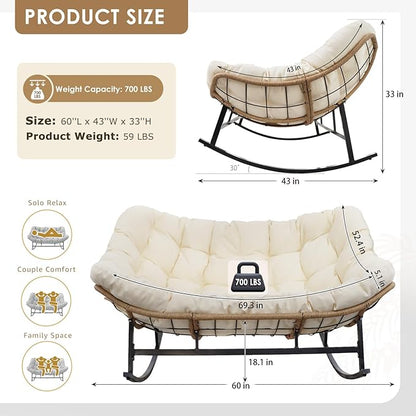 RADIATA Double Egg Rocking Chair for 2, Oversized Rattan Recliner Loveseat with Padded Cushion, Heavy Duty Comfy Large Papasan Rocker for Reading Outdoor Patio Balcony Backyard Indoor, Beige