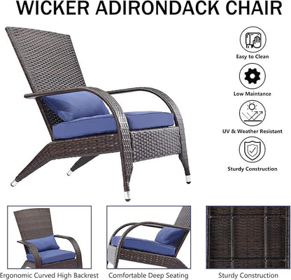 Outdoor Patio Wicker Adirondack Chair Outside Fire Pit Chairs Oversized Comfy Coconino Rattan Armchair Low Deep Seating High Back with Cushion and Pillow for Porch Deck Balcony Lawn Garden Navy Blue