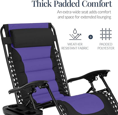 Best Choice Products Oversized Padded Zero Gravity Chair, Folding Outdoor Patio Recliner, XL Anti Gravity Lounger for Backyard w/Headrest, Cup Holder, Side Tray, Polyester Mesh - Black/Purple
