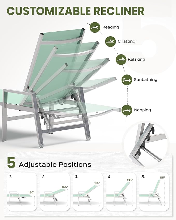 Patio Chaise Lounge Chair Outdoor with Wheels&Armrests, Aluminum Pool Lounge Chairs 5-Position Adjustable Recliner, Outdoor Beach Lounge Chairs for Poolside, Patio, Deck, Yard, Light Green