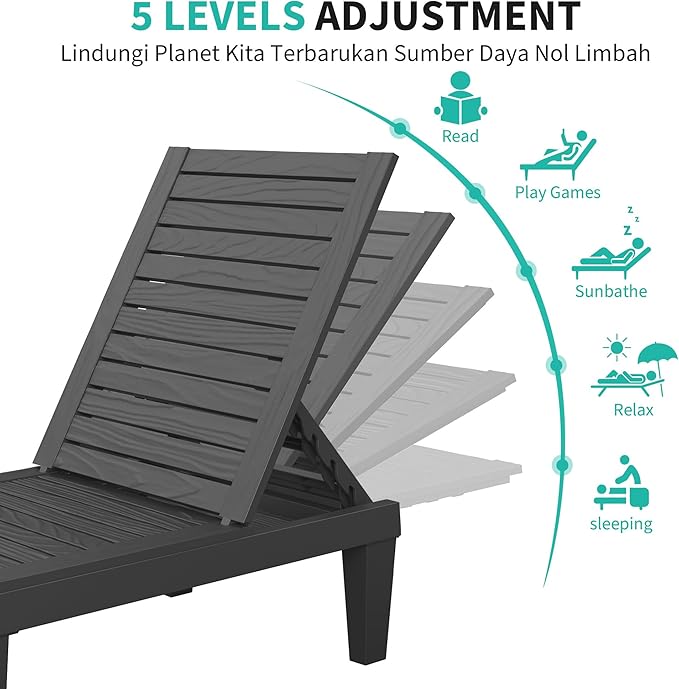 Patio Chaise Lounge Set of 2, 5-Position Adjustable Reclining Patio Lounge Chairs with Wood Grain Finish, All-Weather Resin Pool Lounge Chairs for Garden Deck Backyard (Black)