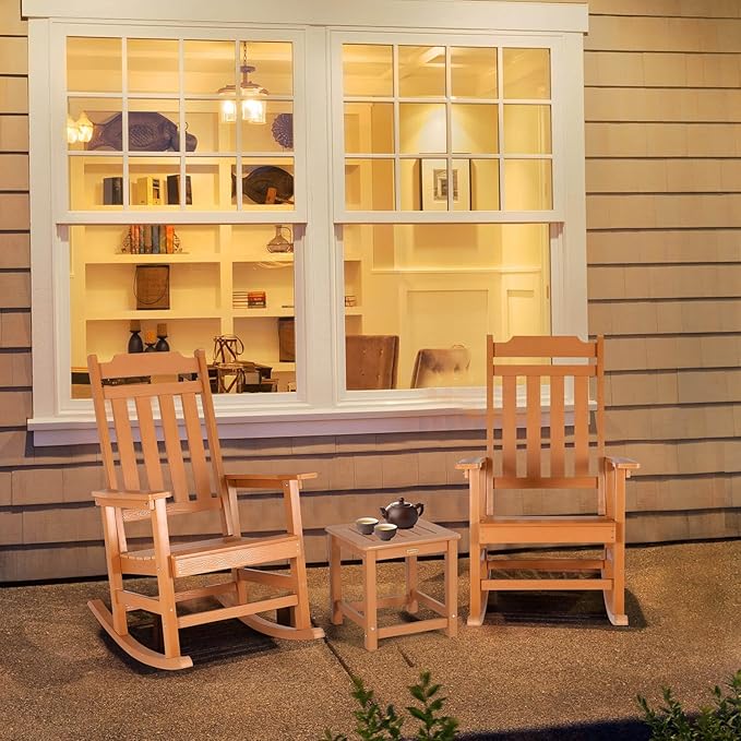 Rocking Chair, All Weather Resistant Poly Lumber Outdoor Porch Rocker, Rocking Chairs for Outdoor, Indoor, Patio, Deck, Garden, Backyard, Load Bearing 380 lbs - Teak