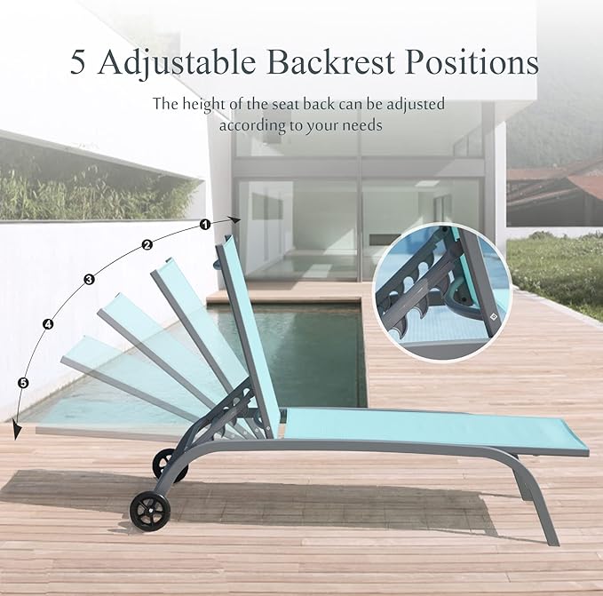 Domi Chaise Lounge Outdoor Set of 3 Lounge Chairs for Outside w/Wheels, 5 Adjustable Position Pool Lounge Chairs for Patio, Beach, Yard, Turquoise Blue