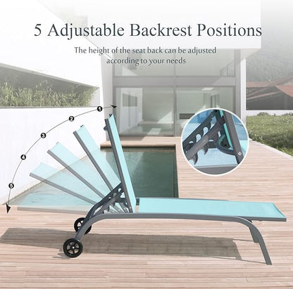 Domi Chaise Lounge Outdoor Set of 2, Lounge Chairs for Outside with Wheels, Outdoor Chaise Lounge with 5 Adjustable Position, Pool Lounge Chairs for Patio, Yard, Deck, Poolside, Turquoise Blue