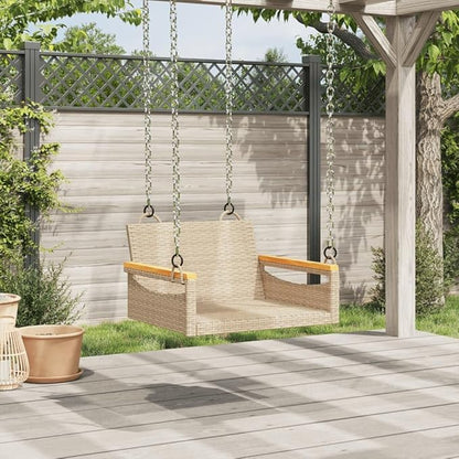 Beige Patio Swing Bench Single Seater Outdoor Furniture with Poly Rattan and Powder-Coated Steel Frame for Garden Balcony Relaxation