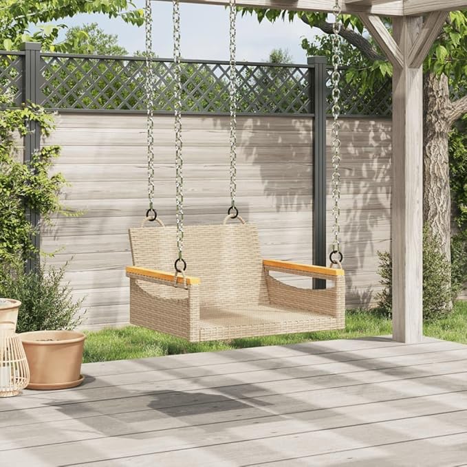 Patio Swing Bench Single Seater Outdoor Modern Beige Synthetic Rattan with Powder Coated Steel Frame Compact Design for Garden Balcony Terrace