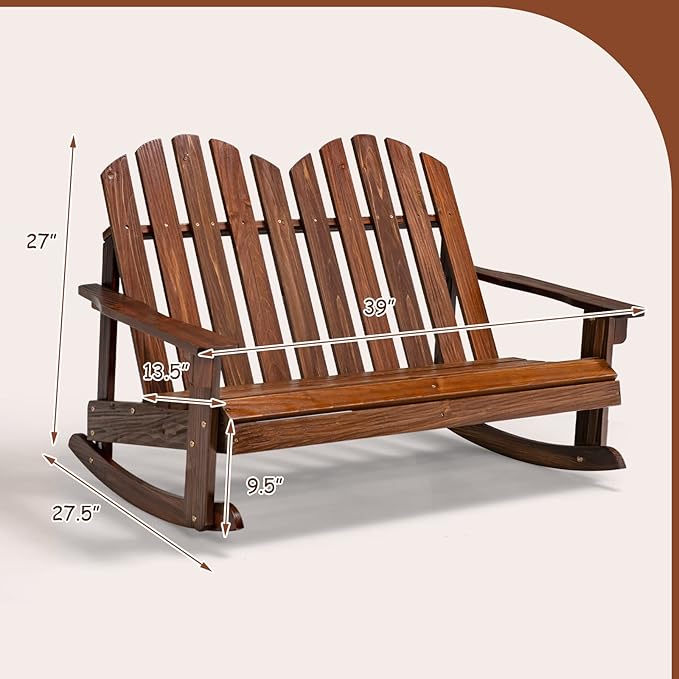 Giantex 2-Person Adirondack Rocking Chair - Kids Outdoor Rocking Bench with Slatted Seat, High Backrest, 220LBS Weight Capacity, Kids Patio Rocker for Balcony, Yard, Poolside (1, Coffee)