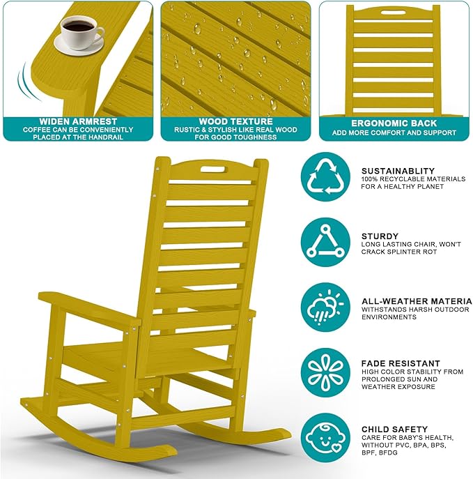 PLUUV Outdoor Rocking Chair Set of 2 with Removable Footboard for Adults, HDPE High Back Patio Rocking Chairs, 330lbs All Weather Porch Rocking Chairs for Outdoor & Indoor -Yellow