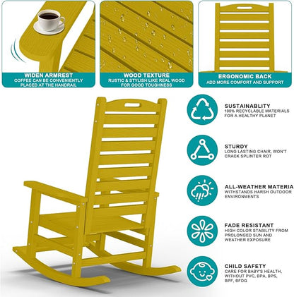 PLUUV Outdoor Rocking Chair Set of 2 with Removable Footboard for Adults, HDPE High Back Patio Rocking Chairs, 330lbs All Weather Porch Rocking Chairs for Outdoor & Indoor -Yellow
