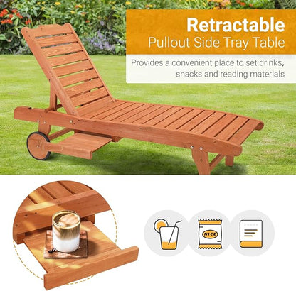 Outvita Outdoor Wooden Chaise Lounge Chair, 62" Longer Sun Lounger Recliner with Adjustable Backrest and Wheels, for Beach Poolside Deck Porch Garden