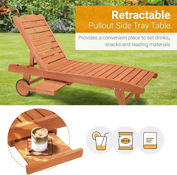 Outvita Wood Chaise Lounge Chair, 62" L Outdoor Sun Lounger Recliner with 3 Backrest Angles, Tray and Wheels, for Beach Poolside Deck Porch Garden, Natural