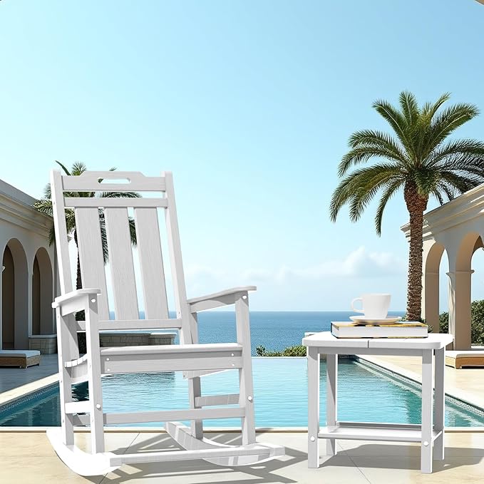 Rocking Chair, Outdoor Rocking Chair for Adults, HDPE Outdoor Chairs with Footboard, All Weather Resistant Porch Rocker, White