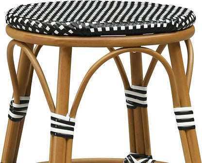PURPLE LEAF Outdoor French Round 30" Bar Stool Set of 2 Oversized Rattan Armless Barstools Bamboo Finish Aluminum Frame Footrest with Handwoven Wicker for Indoor Patio Yard Bistro Black