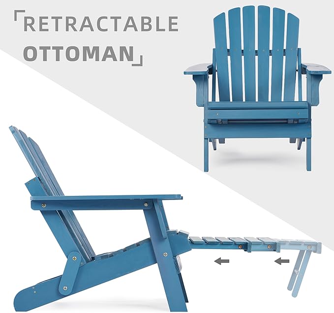 SoliWood Set of 2 Oversized Outdoor Wooden Folding Adirondack Chair with Retractable Ottoman - Photo 6