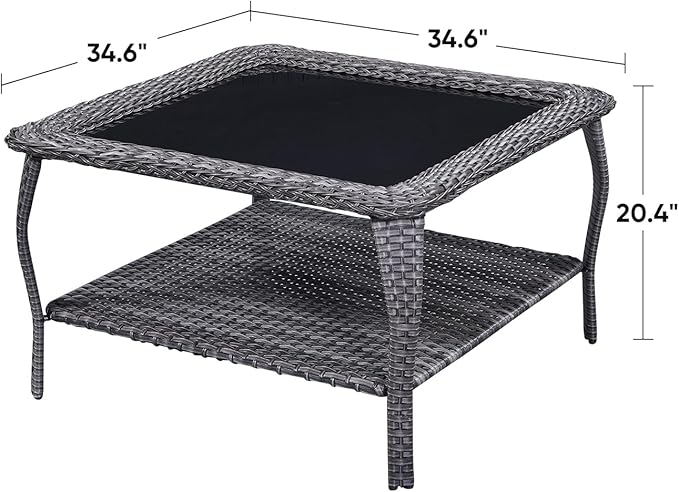 Rilyson Patio Tables Outdoor Coffee Table - Wicker Rattan Coffee Tables with 2-Tier Storage Shelf Glass Top for Proch - Photo 3