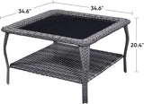 Rilyson Patio Tables Outdoor Coffee Table - Wicker Rattan Coffee Tables with 2-Tier Storage Shelf Glass Top for Proch - Photo 3