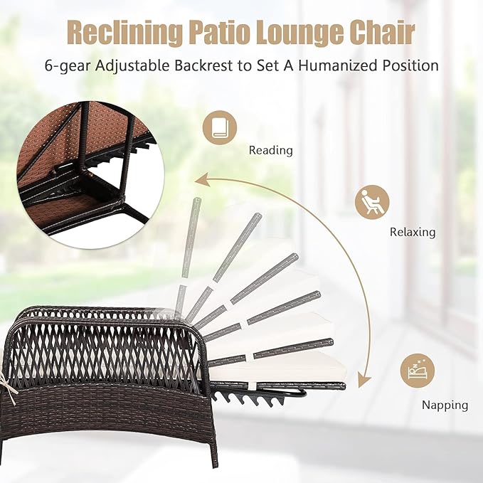 HAPPYGRILL PE Rattan Lounge Chair Set of 2, Outdoor Recliner Patio Chaise Lounger with Extra Waist Pillow, Reclining Chair with 6 Adjustable Gears for Outdoor Beach Pool Backyard