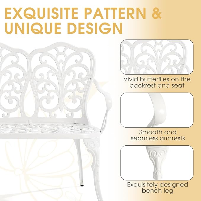 Outdoor Bench with Cushion, Cast Aluminum Double Seating with Backrest and Armrests, Mental Outdoor Furniture for Patio, Porch, Garden, Park, White Butterfly
