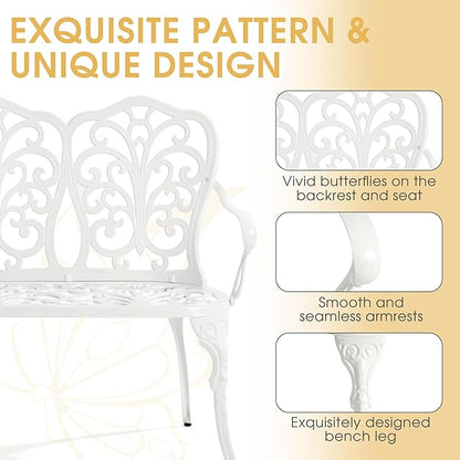 Outdoor Bench with Cushion, Cast Aluminum Double Seating with Backrest and Armrests, Mental Outdoor Furniture for Patio, Porch, Garden, Park, White Butterfly