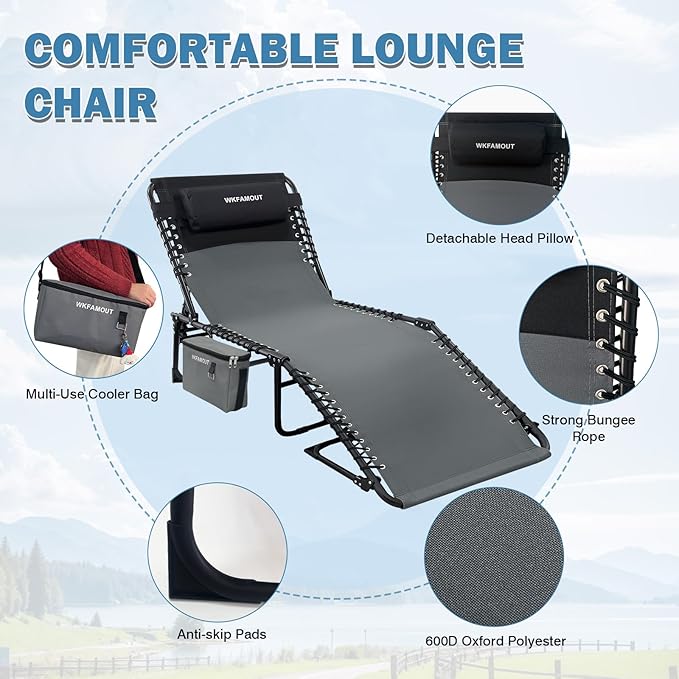 Folding Lounge Chair Outdoor with Insulated Cooler Bag Portable for Outside Patio Chaise Lounge Chair 5-Position with Pillow for Beach Sunbathing Pool Camping Lawn