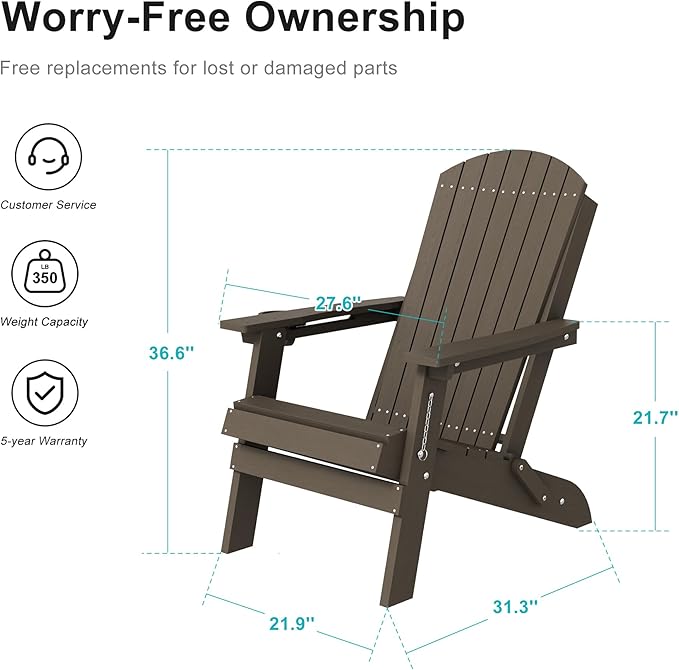 HDPE Foldable Adirondack Outdoor Chair Set of 2 with Cup Holder, Weather Resistant Heavy-Duty Patio Chair for Patio, Backyard, Deck, Fire Pit, Lawn and Porch, Brown
