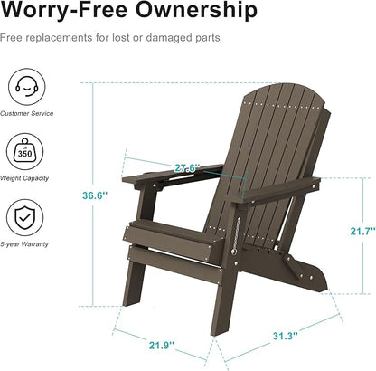 HDPE Foldable Adirondack Outdoor Chair with Cup Holder, Weather Resistant Heavy-Duty Patio Chair for Patio, Backyard, Deck, Fire Pit, Lawn and Porch, Brown