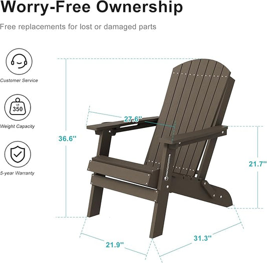 HDPE Foldable Adirondack Outdoor Chair with Cup Holder, Weather Resistant Heavy-Duty Patio Chair for Patio, Backyard, Deck, Fire Pit, Lawn and Porch, Brown