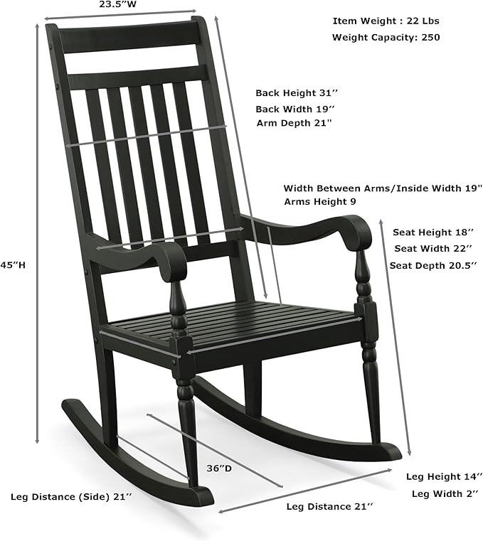 Carolina Chair & Table Belmont Outdoor Rocking Chair – Solid Wood Porch Rocker with Slat Back, Weatherproof Black Finish - Comfortable Armrests, Rustic Patio Garden Balcony Deck Seating Furniture