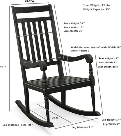 Carolina Chair & Table Belmont Outdoor Rocking Chair – Solid Wood Porch Rocker with Slat Back, Weatherproof Black Finish - Comfortable Armrests, Rustic Patio Garden Balcony Deck Seating Furniture