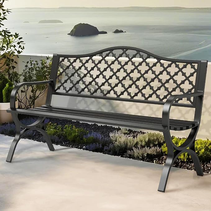 PHI VILLA 50" Garden Metal for Outdoors Weatherproof 2-Person Steel Furniture for Garden, Patio, Porch, Black - Photo 1