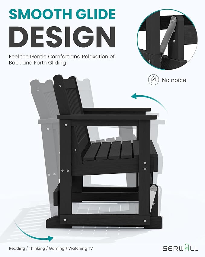 SERWALL 2 Person Patio Glider Bench, HDPE Material Weather-Resistant Swinging Bench for Outdoor Porch Garden, Black - Photo 4