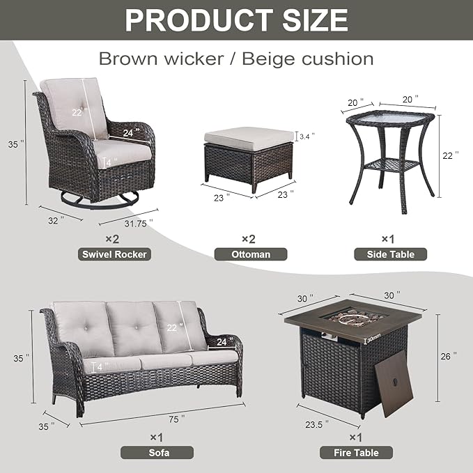 Belord Patio Furniture Set with Fire Pit Table, 7 Piece Wicker Outdoor Furniture Set - Photo 2