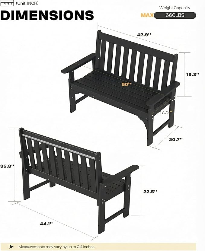 2-Person Outdoor Garden Bench, HDPE All-Weather Patio Bench with Backrest & Armrests, Heavy Duty Outdoor Seating for Porch, Backyard & Park, 660 lbs (Black, 1 Bench)
