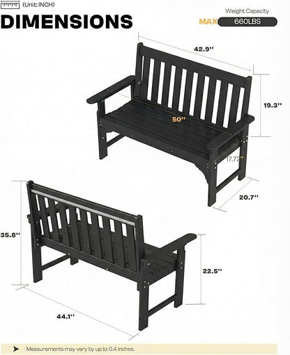 2-Person Outdoor Garden Bench, HDPE All-Weather Patio Bench with Backrest & Armrests, Heavy Duty Outdoor Seating for Porch, Backyard & Park, 660 lbs (Black, 1 Bench)