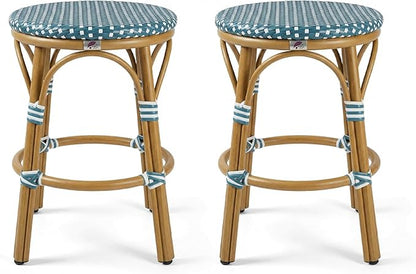 PURPLE LEAF Patio French Round Counter Stool 26" Set of 2 Large Seat Backless Handwoven Wicker Rattan Barstools Bamboo Finish Aluminum Frame for Indoor Outdoor Bistro Cafe Soft Blue