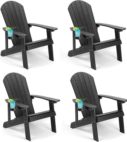 Adirondack Chairs Set of 4, All Weather Resistant Plastic Chairs with Cup Holder, 5 Easy Steps to Install, Outdoor Chairs for Patio, Garden, Backyard Deck, Lawn, Fire Pit - Black