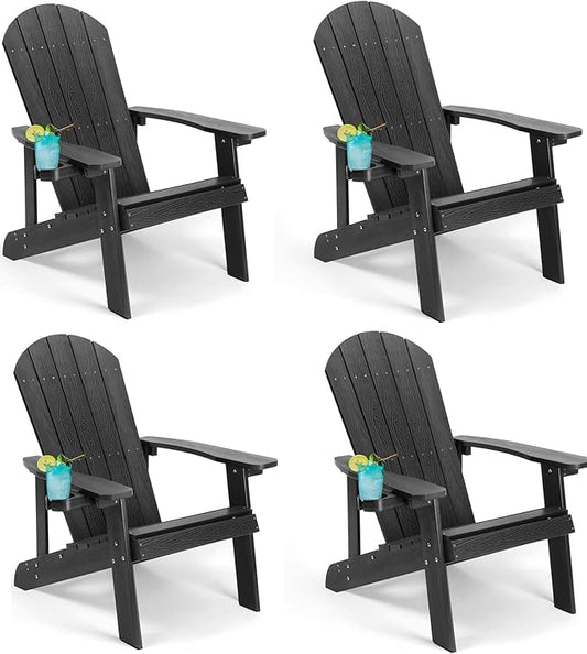 Adirondack Chairs Set of 4, All Weather Resistant Plastic Chairs with Cup Holder, 5 Easy Steps to Install, Outdoor Chairs for Patio, Garden, Backyard Deck, Lawn, Fire Pit - Black