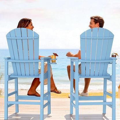 VINGLI Tall Adirondack Chairs Set of 2, All-Weather Plastic Adirondack Chair with Cup Holders, Heavy-Duty HDPE Outdoor Bar Stools for Patio, Balcony, Pool, Backyard (Blue, 2 PCS)