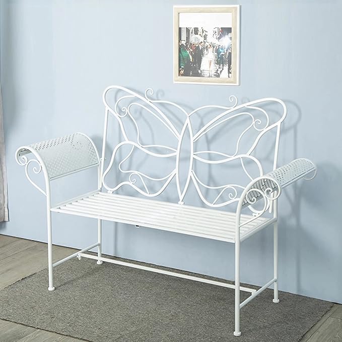 Small Outdoor Bench for Porch Metal Garden Benches with Butterflies Pattern Backrest and Armrests for Garden, Porch, Yard (White, Black, Blue) (Color : White)