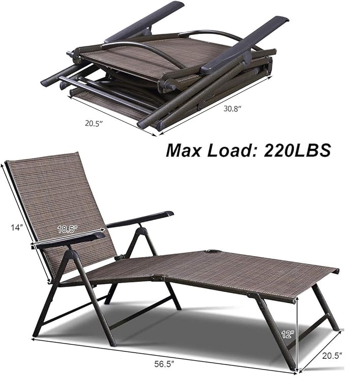 Giantex Set of 2 Chaise Lounge Chair with 5 Adjustable Reclining Positions, Patio Folding Recliner for Yard, Pool, Garden Beach Sunbathing Seat (2, Brown)