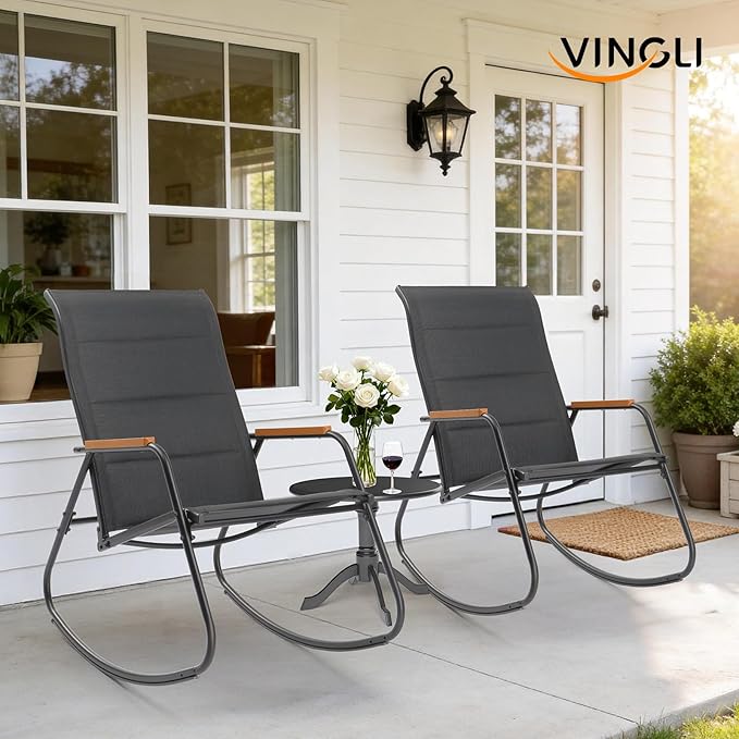 VINGLI Outdoor Rocking Chair, 450lbs Capacity Portable Outdoor Rocker with Hard Armrests, All Weather Porch Rocker for Garden, Living Room, Patio, Lawn (Black, Without footrest)