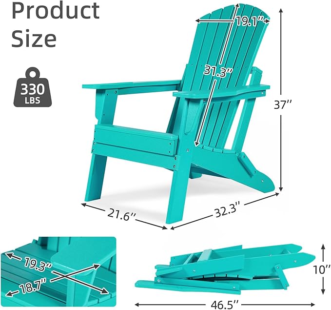 Aoodor Folding Adirondack Chair HDPE Outdoor All-Weather Chair for Patio, Garden, Backyard, Lawn, Fire Pit, Aruba