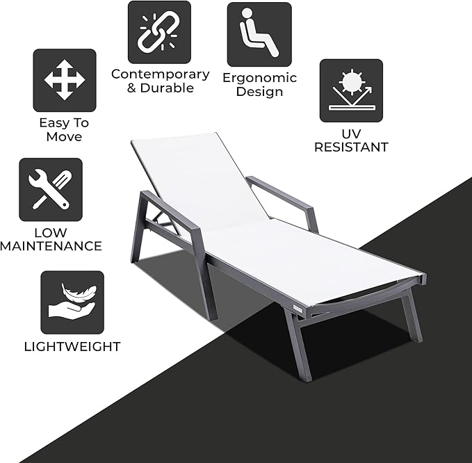 LeisureMod Marlin Patio Chaise Lounge Chair, Adjustable Outdoor Black Aluminum Lounge with Breathable Mesh Sling Back, Lightweight Poolside Reclining Sun Lounger Weather & UV Resistant (White)