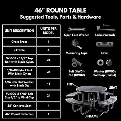 COATEDOUTDOORFURNITURE Heavy-Duty Portable Outdoor Picnic Table with Umbrella Hole, Expanded Metal Commercial-Grade Patio Dining Furniture Made in America (46" Round Top, Black)